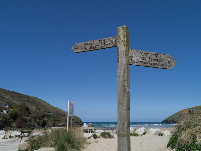 Mawgan Porth beach Coastal Path sign