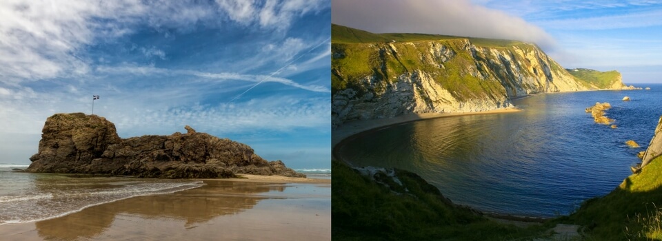 Cornwall Flag on Chapel Rock vs Jurassic Coast in Devon