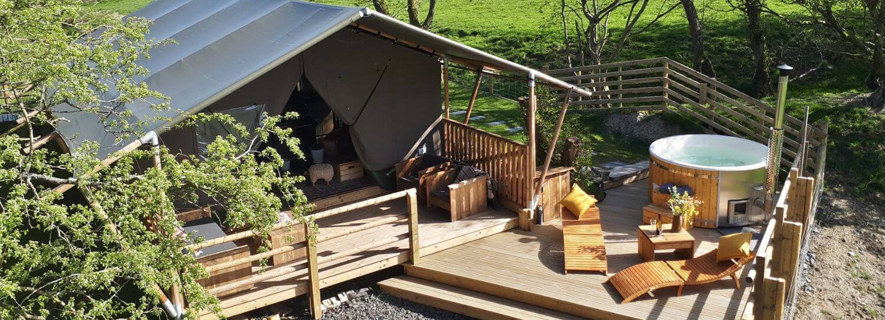 Photograph of a Safari tent on a glamping site in Wales