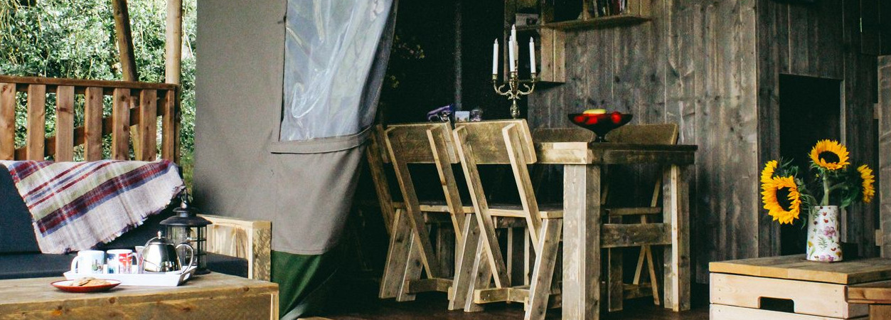 Interior of a Safari tent at a glamping site