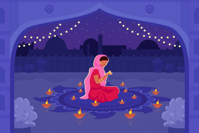 Woman in Sari with Diya Candles