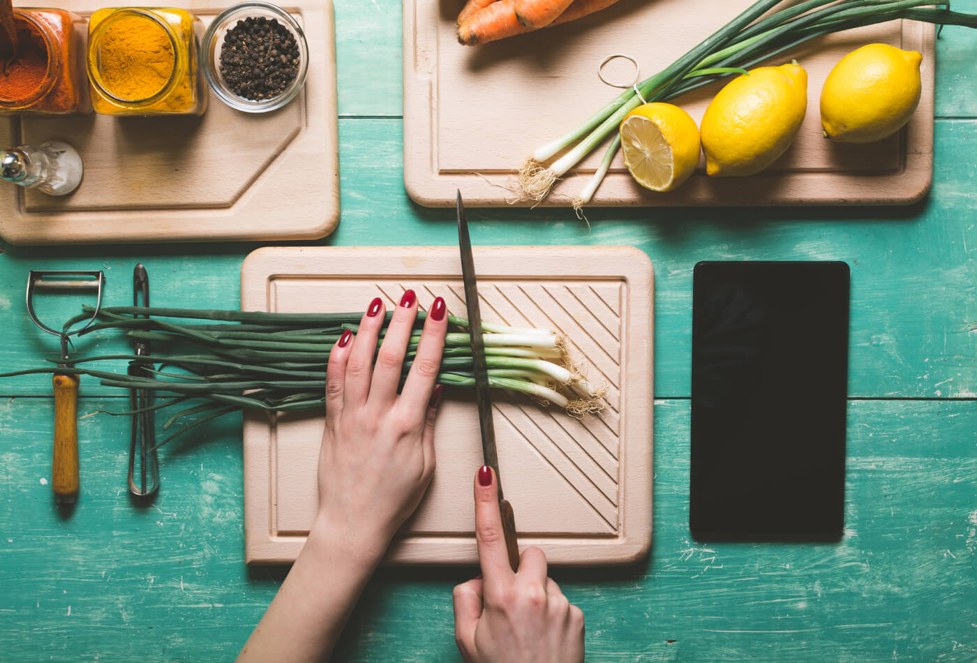 Cutting vegetables on a chopping board