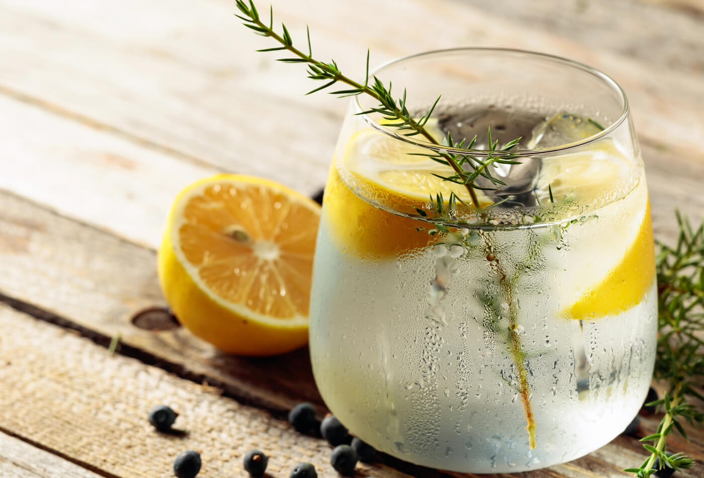 A gin and tonic in a short glass served with lemon