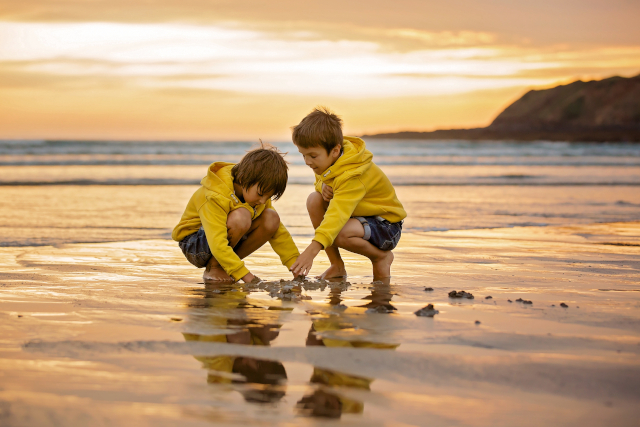 Two young children playing on the sand on the beach at sunset