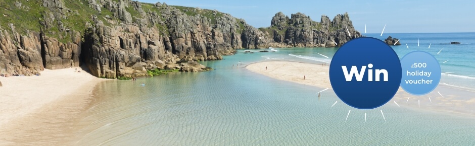 Beach image with 'win' and '£500 holiday voucher' roundels