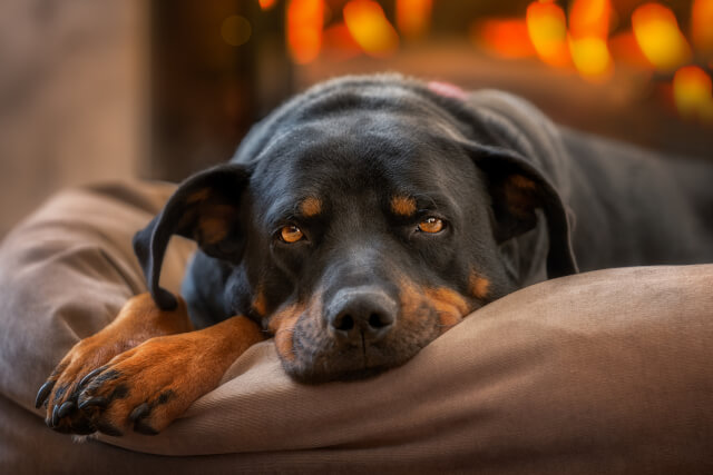 dog relaxing by the fire