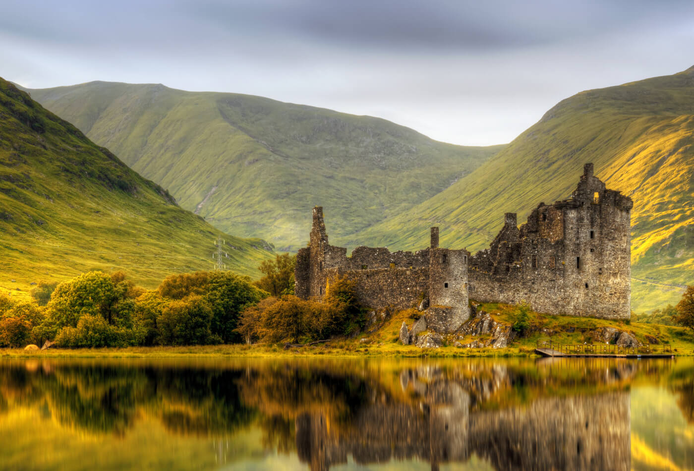 A photograph of Kilchurn Castle at sunset in Autumn