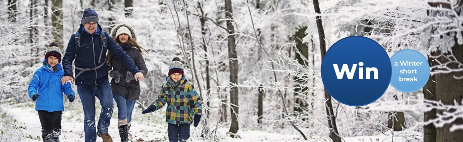 Image with Win Roundel for December Prize Draw, Family Walking in Snow