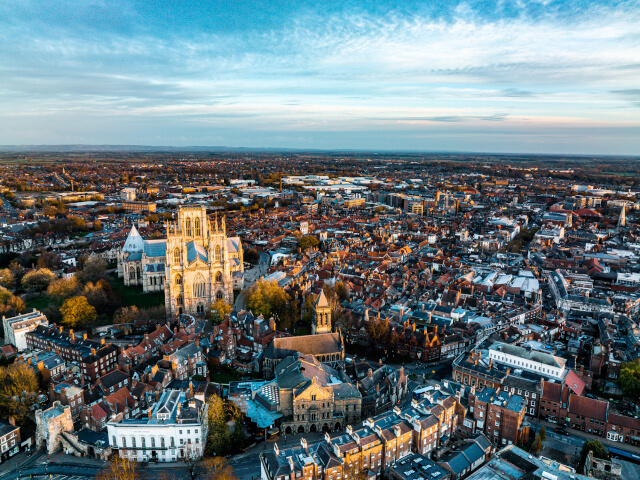 Aerial view of York Minster, in York on a pleasant day 