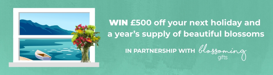 CTA Banner of a Coastal Image with Text 'Win "£500 off your next holiday and a year's supply of beautiful blossoms'