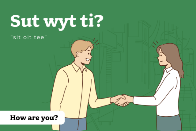 Illustration of two people shaking hands and asking 'how are you?' in Welsh