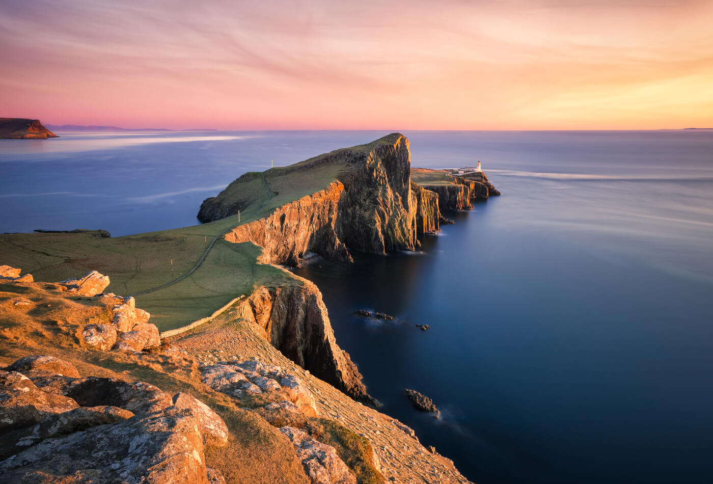 Sunset over the Neist Point Lighthouse, Isle of Skye, Scotland