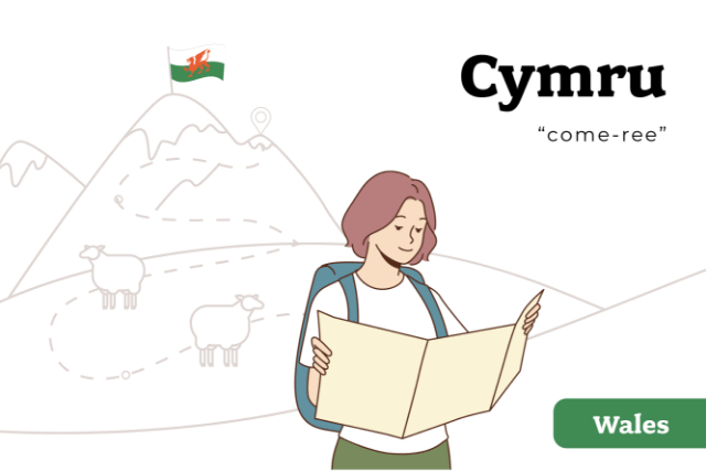 Illustration of woman on Welsh mountain looking at map with word 'Cymru'