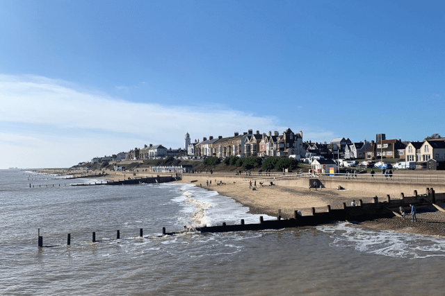 denes beach and southwold town from the pier