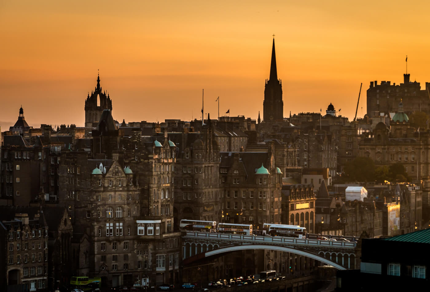 The architectural Edinburgh skyline with an orange sky in the background