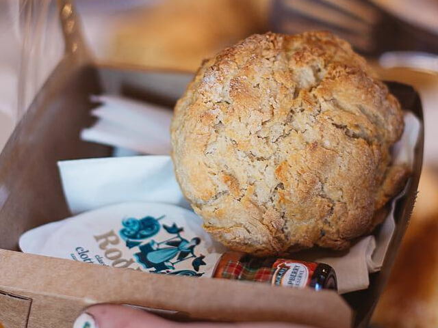 A freshly baked scone in a box at Deli Gasta cafe on the Isle of Mull