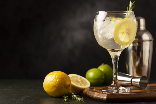 Gin Tonic in a balloon glass garnished with lemon and rosemary.