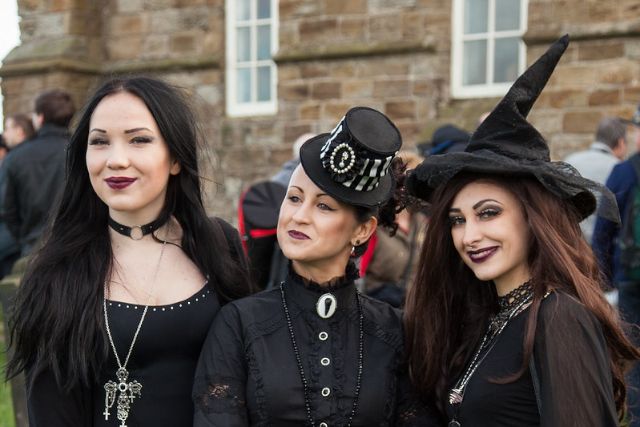 Women dressed in gothic clothes at Whitby Goth Weekend