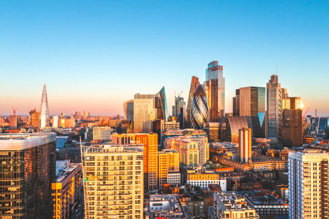 A view of the City of London skyline, with The Shard visible in the background