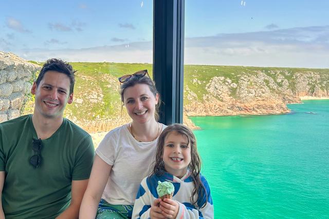 Family photo in the cafe at Minack Theatre