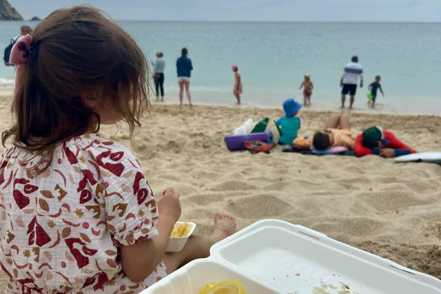 family eating fish and chips on Porthcurno Beach