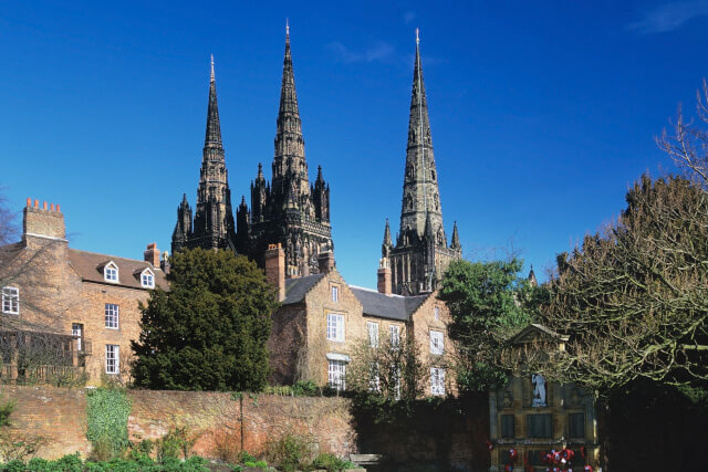 A view of the three spires of Litchfield Cathedral in Staffordshire