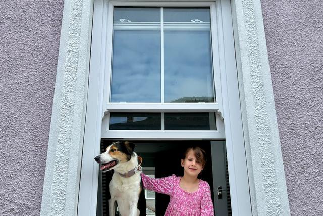 child and dog in window of holiday accommodation