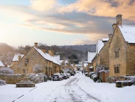Winter shot of homes in the Cotswold village of Stanton, England.