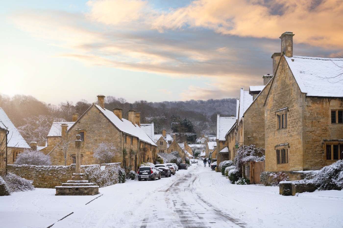 Winter shot of homes in the Cotswold village of Stanton, England.