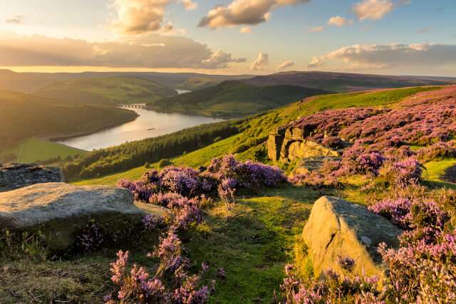 Summer evening at Bamford Edge in the Peak District National Park, looking over the Ladybower Reservoir.