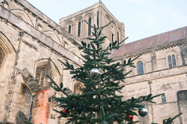 Festive Christmas tree in front of Winchester Cathedral stone walls.
