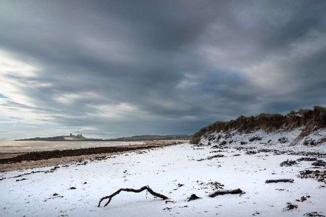 Beadnell Beach covered in snow
