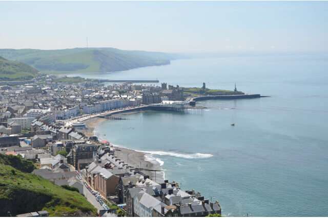 Aerial shot of Aberystwyth, looking south across the Mid-Wales coast.