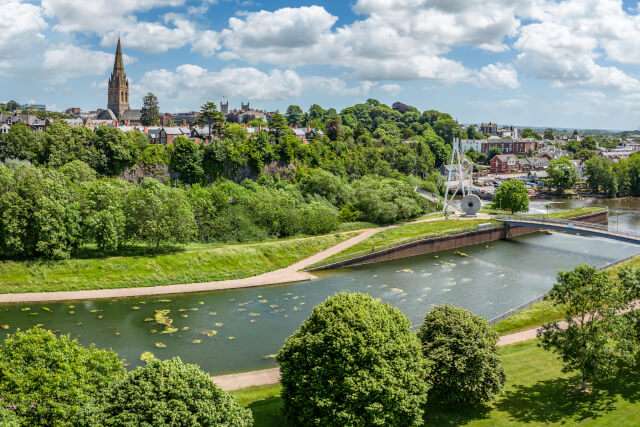 Aerial view of the River Exe and Exeter city centre