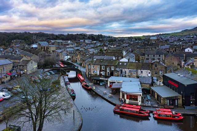 Skipton town with the Leeds and Liverpool canal running through it.