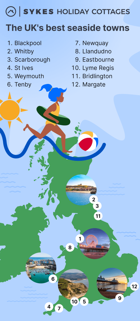 The best seaside towns on a map on mobile view.
