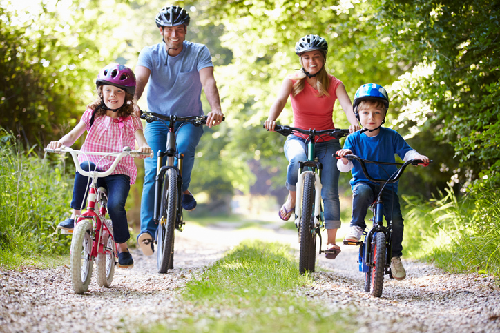 A family of four, wearing helmets, cycles along a sunny forest path The father and mother ride behind their two children, who are on smaller bikes, highlighting the fun and family-friendly experience of cycling in Devon's natural landscapes