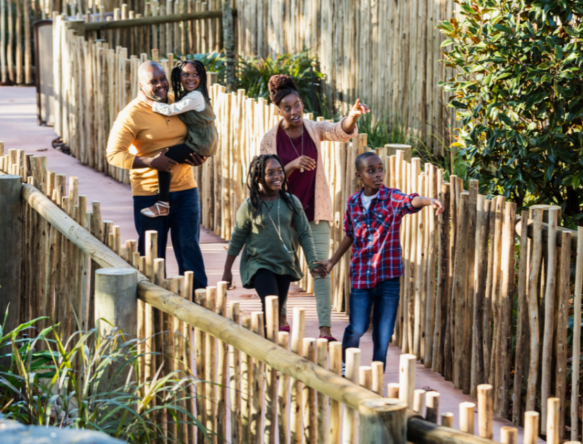 Wildlife in North Wales is a must-visit for families exploring wildlife attractions. Image shows a joyful family walking through a zoo, surrounded by wooden fencing and greenery.