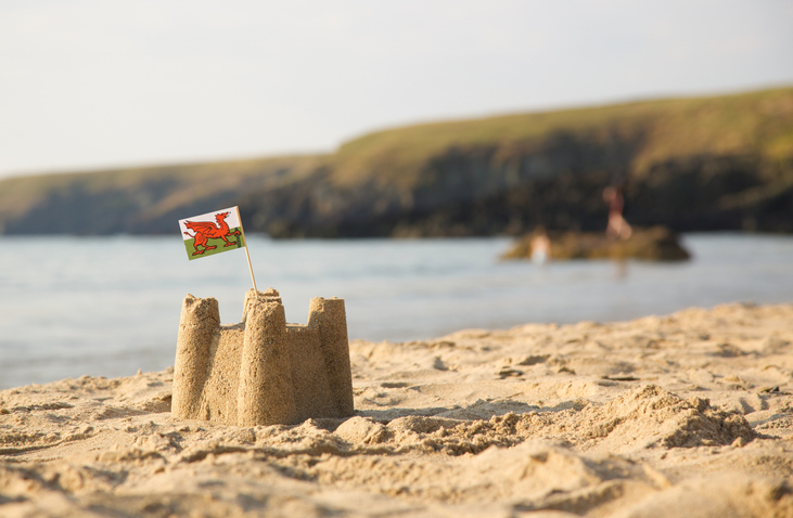 Beach, sea, sandcastle and Welsh Flag