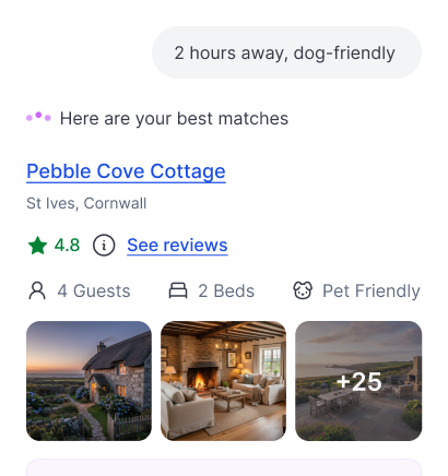 Example AI search results showing a dog-friendly cottage near the sea