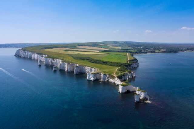 Birdseye view of Old Harry Rocks and sea