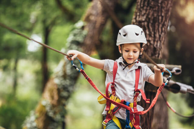 Child enjoying outdoor climbing in a forest