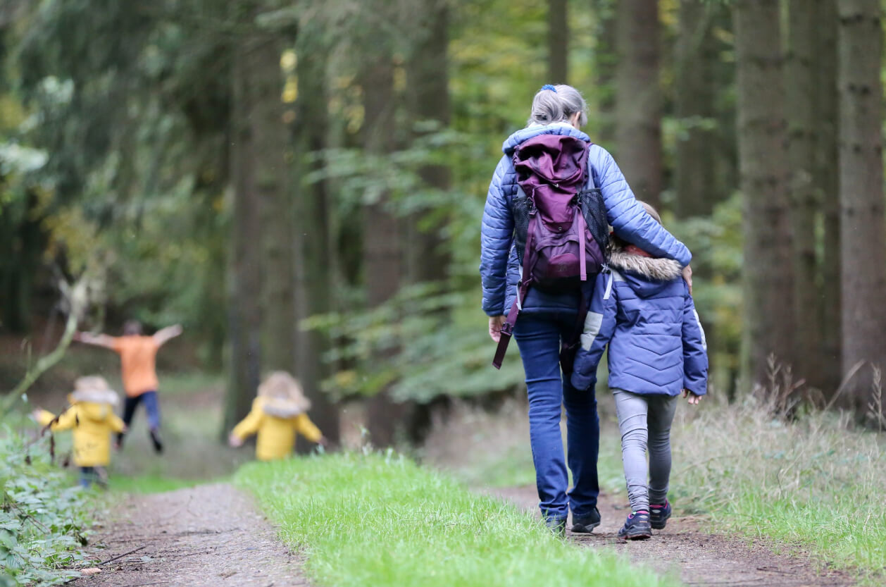 Family hiking through a forest