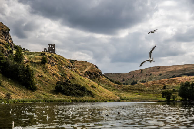 Holyrood Park lake and ruins