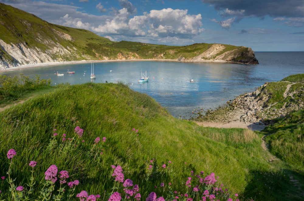 Blue skies over Lulworth Cove on the Jurassic Coast