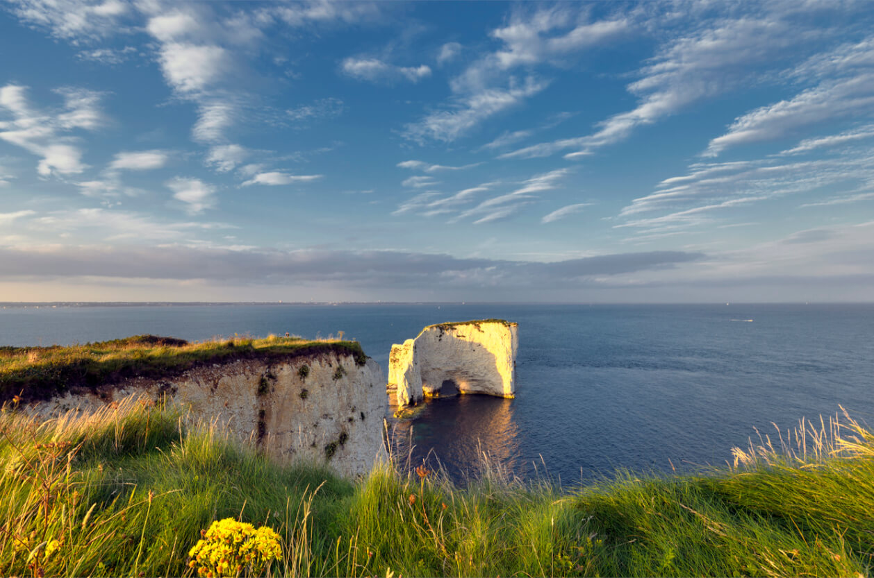 Blue skies over Old Harry Rocks, UNESCO World Heritage Site in Dorset, on the Jurassic Coast