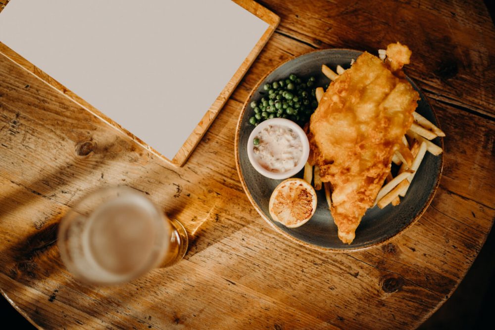 fish and chips in pub setting