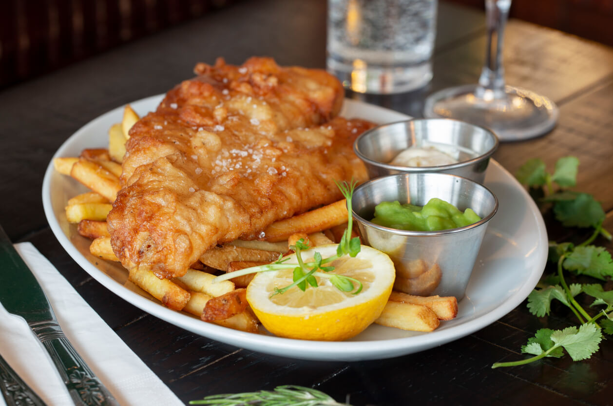 fish and chips with mushy peas and tartar sauce