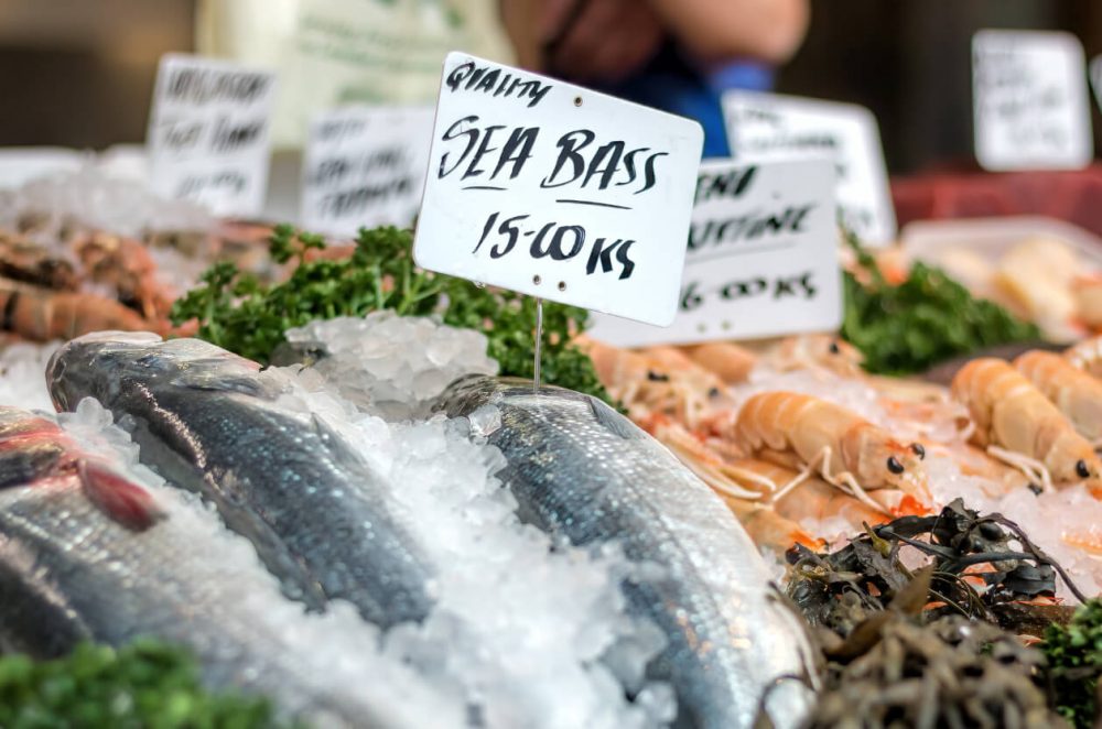 fishmongers sea bass and prawns