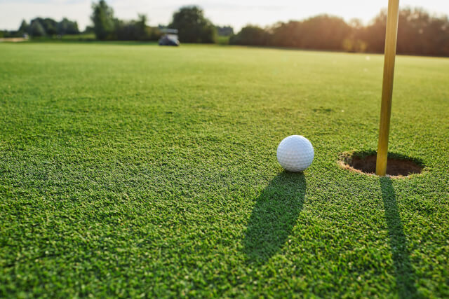 golf ball by a hole on a green